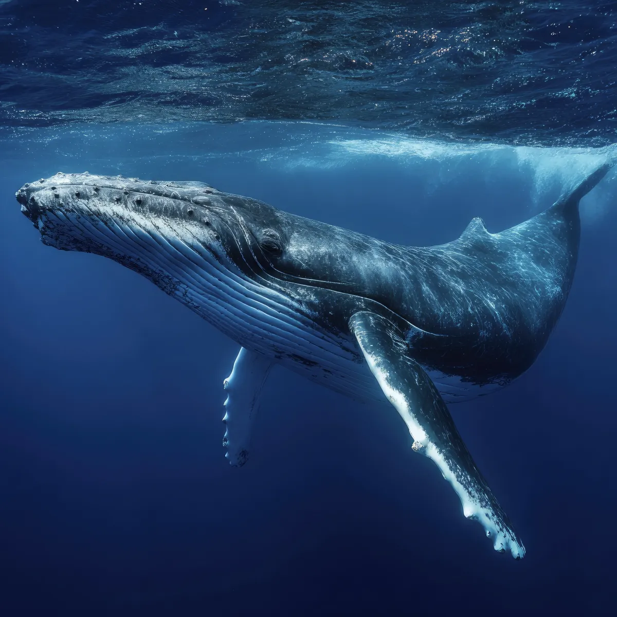 A large humpback whale gracefully swims near the surface of the ocean, its body illuminated by sunlight filtering through the water.